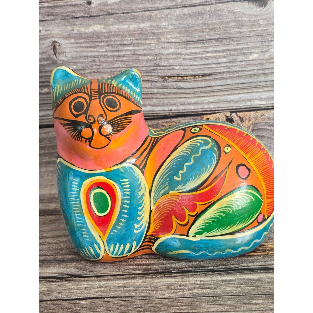 Vintage Tonala Mexican Pottery Cat Figurine Hand Painted Folk Art Ceramic 6in